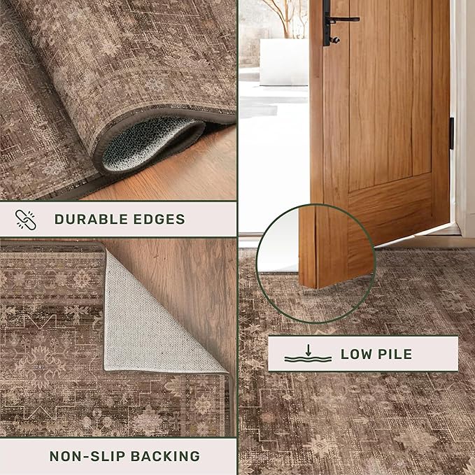 Brown Washable Long Runners for Hallways, 2'6"x8' Wide Kitchen Runner Rug, Entryway Indoor Rug, Non Slip Rubber Backing Boho Vintage Dark Floor Decor