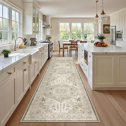Madane Hallway Runner Rug 2'6''x10' Kitchen Runner, Non Slip Vintage Runners for Hallways Washable Kitchen Rugs Soft Low Pile 2.5x10 ft Rug Runner for Laundry Room, Entryway and Bedroom, Ivory/Brown