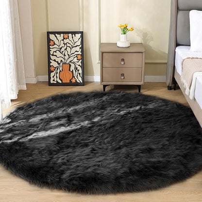 ORINOVA Black Round Rugs 6ft Fluffy Washable Faux Sheepskin Shaggy Fur Rugs for Bedroom Plush Shag Rug for Living Room Nursery Large Circle Rug