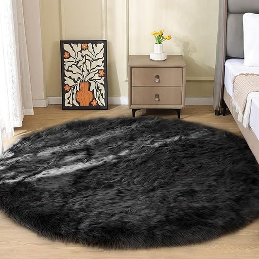 ORINOVA Black Round Rugs 6ft Fluffy Washable Faux Sheepskin Shaggy Fur Rugs for Bedroom Plush Shag Rug for Living Room Nursery Large Circle Rug