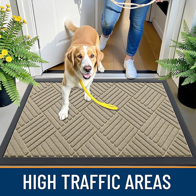 OLANLY Front Door Mat Outside Entrance 35x23, Absorbent, Heavy Duty Sturdy Natural Rubber Doormat Indoor Outdoor, Stain and Fade Resistant, Non-Slip Low Profile Floor Mat for Entryway, Beige Diamond