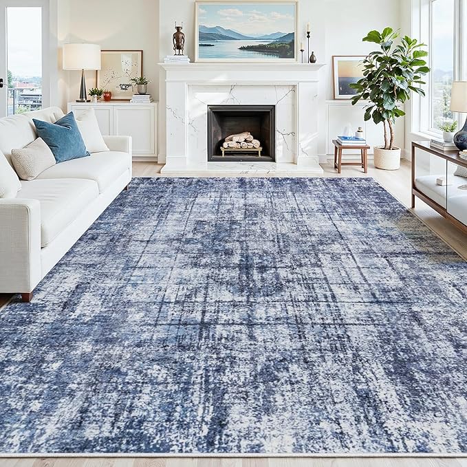 6x9 Area Rugs for Living Room Washable Rug: Anti-Skid Abstract Modern Living Room Rug Soft Thin Carpets Indoor Floor Non-Shedding Carpet for Bedroom Dining Farmhouse Nursery Navy Light Gray