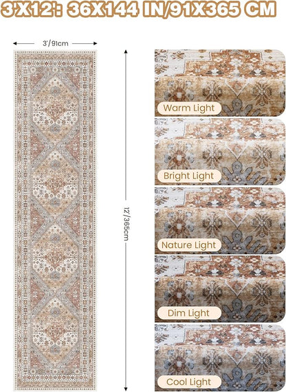 3x12 Runner Rug for Hallway, Non-Slip Long Bathroom Rugs Runner for Kitchen, Living Room, Bedroom, Soft Vintage Washable Rug for Entryway, Thin Floor Mat for Dining Room(Orange,3'x12')