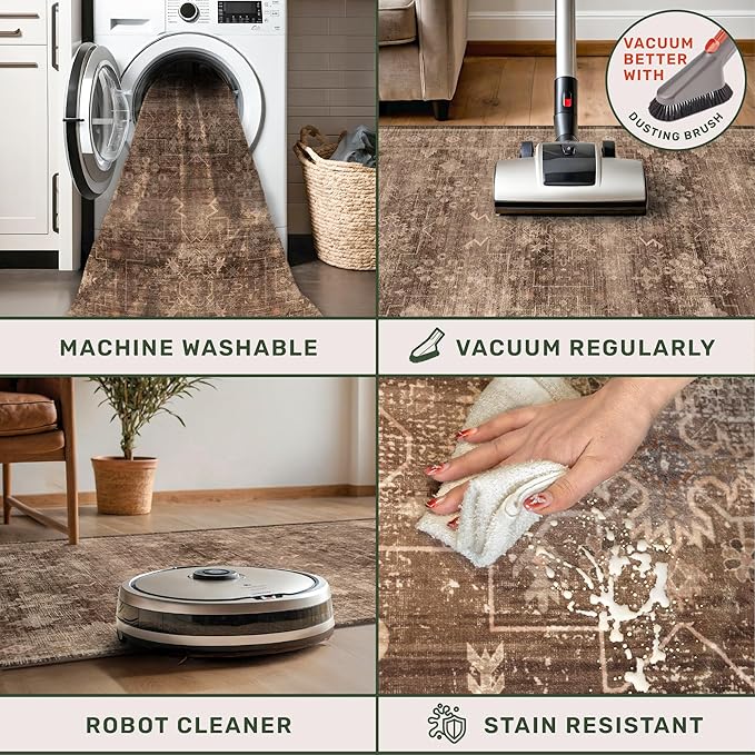Boho Taupe Brown 3x5 Large Entryway Rug - Modern Vintage Traditional Eclectic Oriental Neutral, Washable Low Pile Non-Slip Area Rugs for Door Mat Indoor Entrance, Kitchen, Laundry