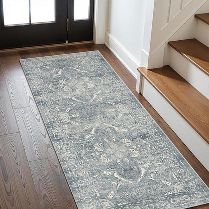 Hallway 2x6 Runner Rug - Vintage Non-Slip Long Rug for Entryway Low-Pile Washable Medallion Runner for Hallway Waterproof Traditional Indoor Thin Rugs for Kitchen (Blue)