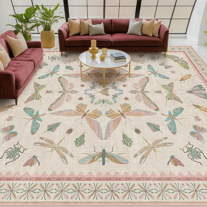 Hazo Haus Cute Rugs for Bedroom Girls - Pink Living Room Rugs 8X10, Dining Room Table, Washable Pastel Flower Insect Print Whimsical Décor