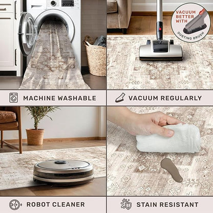Hazo Haus Washable Neutral Farmhouse Living Room Rug, 5x8 Area Rugs for Bedroom Under Bed, Nursery Room, Boho Vintage Floral Non-Slip Rug Low Pile Stain Resistant (5x8 Beige/Latte)