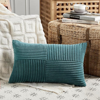 Fancy Homi 2 Packs Teal Lumbar Decorative Throw Pillow Covers 16x26 Inch for Living Room Couch Bed Sofa, Boho Home Decor, Soft Striped Corduroy Rectangle Accent Beige Cushion Case 65x40 cm