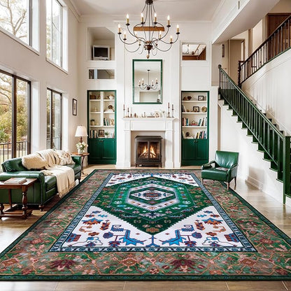 SERISSA 9x12 Area Rugs for Living Room, Large Washable Non-Slip Boho Rug, Ultra Soft Vintage Green White Oriental Tribal Print Distressed Carpet for Dining Room Bedroom Dorm Office Home Decor