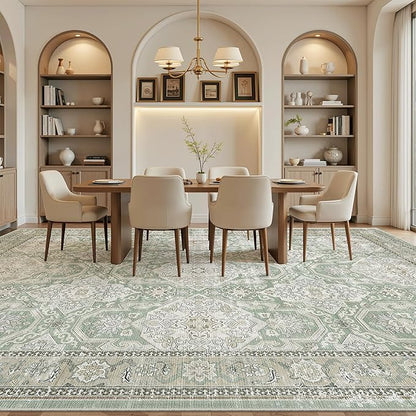 10x14 Area Rugs for Living Room, Non Slip Machine Washable Vintage Rugs, Low Pile Lightweight Large Rug for Bedroom, Dining Room, Home Office Green/Brown