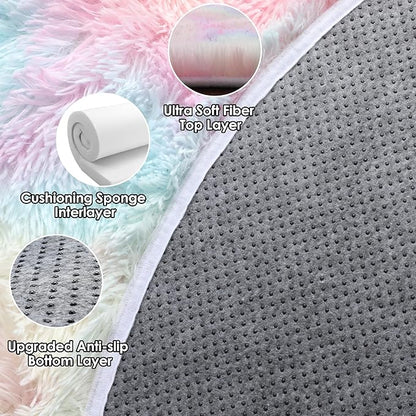 ONASAR Rainbow Round Area Rugs 5ft, Soft Bedroom Circle Rug Mats for Kids Girls Teen Room, Kawaii Fluffy Plush Shaggy Carpet for Dorm Nursery Living Room Playroom Home Decor Princess Castle