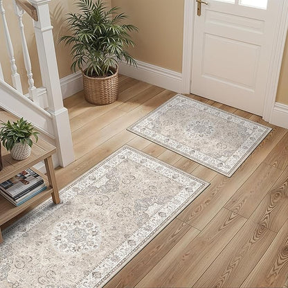 2-Piece Kitchen Runner Rug Set: Washable Non-Slip Floor Mats for Sink & Stove Cooking Area Soft Low Pile Water-Resistant Carpet for Dishwasher Fridge Fronts Durable Kitchen Island Mats(2x3+2x4,Beige)