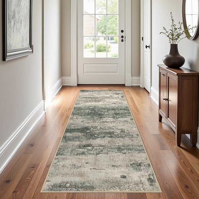 Runner Rug for Hallway Kitchen, 2'6"x6' Machine Washable Runners Rug for Entryway, Soft Modern Abstract Throw Rugs, Low Pile Floor Cover with Non Slip Backing, Grey/Dark Green