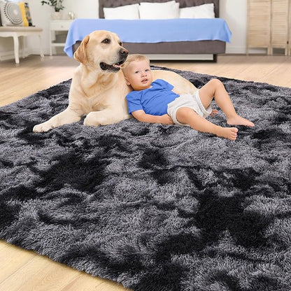 Tepook Soft Fluffy Area Rug for Bedroom, Modern Shaggy Rugs for Living Room, 3x5 Fuzzy Rug for Kids Boys Girls Room, Plush Indoor Nursery Home Decor Rug with Non-Slip Bottom, Tie-dye Dark Grey