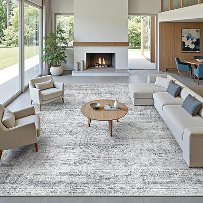 10x14 Area Rugs for Living Room, Non Slip Machine Washable Vintage Rugs, Low Pile Lightweight Large Rug for Bedroom, Dining Room, Home Office Grey