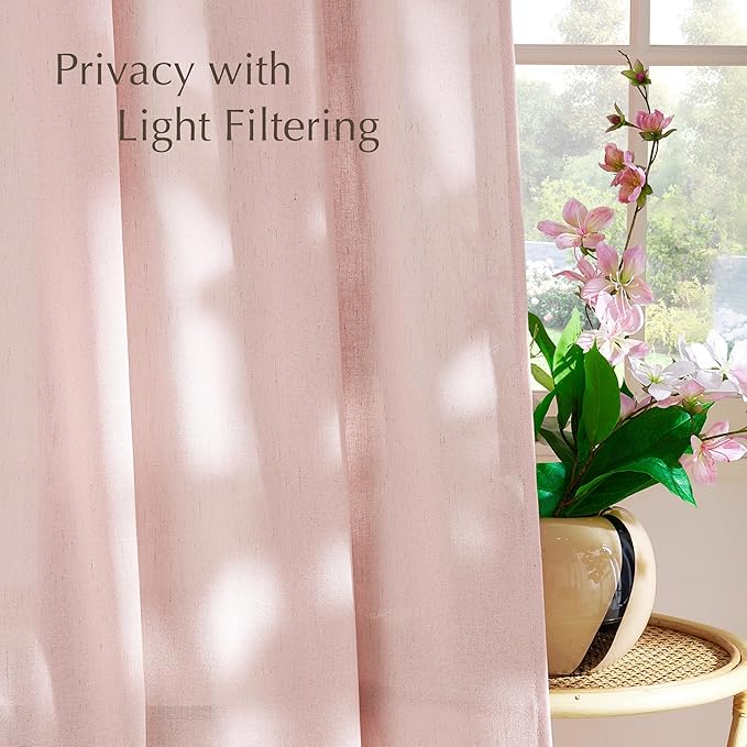 NICETOWN Linen Light Pink Sheer Curtains for Girls Room, Thick Flax Small Window Treatments Semi Sheer Privacy Assured with Light Through for Bedroom/Living Room, W55 x L84, 2 Panels