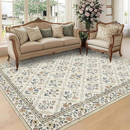 Large Entryway Rug 3x5 Floral Washable Area Rugs Vintage Soft Non-Slip Small Floor Carpet Doormat Stain Resistant Low-Pile Ultra-Thin Entry Mat for Bedside Kitchen Beige