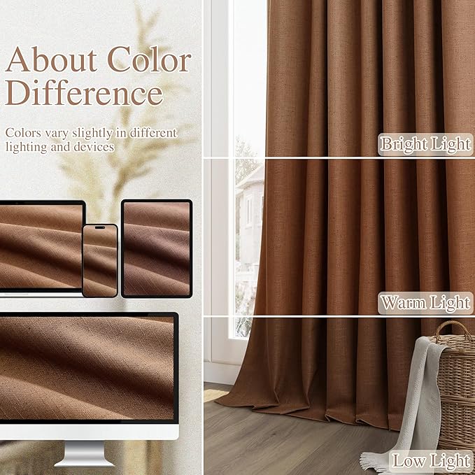 Guken 100% Blackout Linen Curtains 80 Inch Length 2 Panels Set for Living Room Bedroom Back Tab Thermal Insulated Black Out Linen Drapes Room Darkening Window Curtains,Caramel Brown
