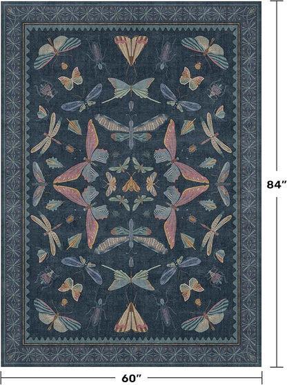 5x7 Navy Blue Boho Rugs for Living Room, Stain Resistant Non Slip Area Rug for Dining Room, Whimsical Bedroom Insect Carpet, Dark Vintage Décor Indoor, Low Pile & Soft