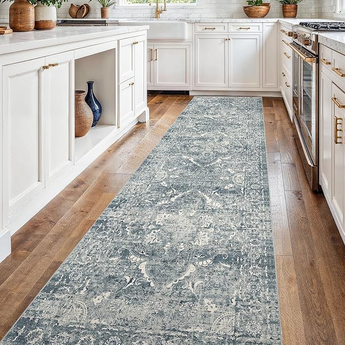 2'6"x14' Washable Hallway Runner Rug - Non Slip Kitchen Runner Rugs with Rubber Backing Vintage Low-Pile Carpet Runners for Entryway Dining Room Laundry Room Home Decor (Blue)