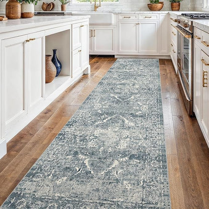 2'6"x14' Washable Hallway Runner Rug - Non Slip Kitchen Runner Rugs with Rubber Backing Vintage Low-Pile Carpet Runners for Entryway Dining Room Laundry Room Home Decor (Blue)