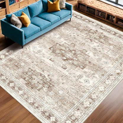 Washable Farmhouse Living Room Rug, 9x12 Area Rugs for Bedroom, Dining Room Under Table Carpet, Kids Room, Large Boho Vintage Non-Slip Floral Rugs Low Pile Stain Resistant (9x12 Beige/Latte)