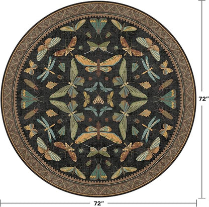 Hazo Haus Washable Black 6ft Round Area Rugs for Bedroom Beside Bed - Dark Unique Insect Print Circle Rug for Living Room, Dining Room, Vintage Nature Insect Design, Low Pile & Soft
