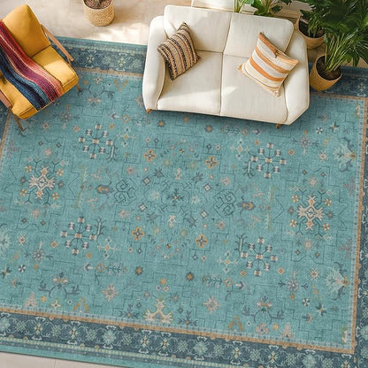 Boho 9x12 Large Teal Green Washable Living Room Rug - Vibrant Turquoise Rug for Bedroom Under Bed, Dining Room Under Table, Geometric Floral Low Pile & Soft Stain Resistant Carpet