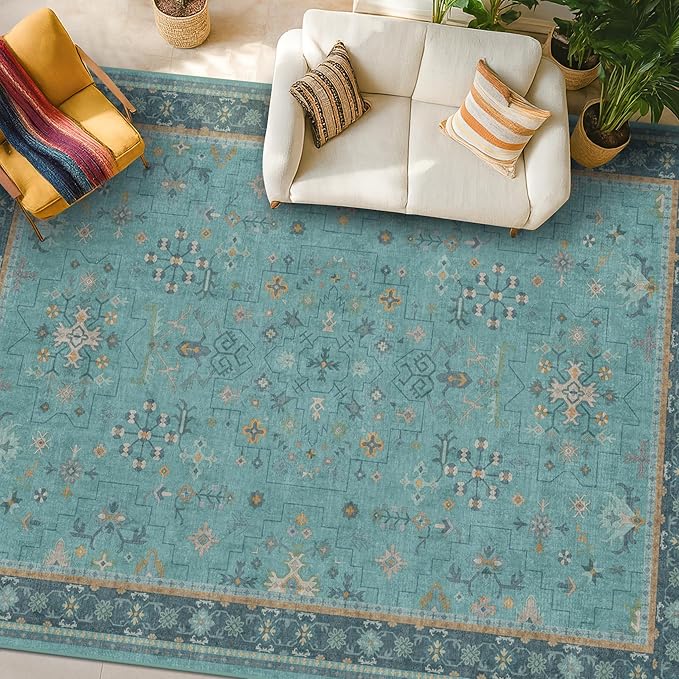 Teal 7x10 Large Rug for Living Room, Washable Soft Area Rugs for Bedroom Under Bed, Dining Room, Floral Pattern Vintage Turquoise Décor Indoor, Non Slip Low Pile & Soft Carpet