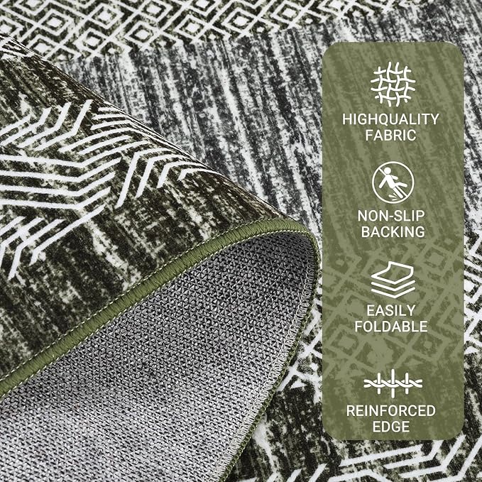 GarveeHome 2x6 Modern Bordered Runner Rug Soft Non Slip Runner Washable Non Shedding Floor Carpet, Distressed Geometric Hallway Runner, Indoor Printed Runner for Kitchen, Entrance, Green