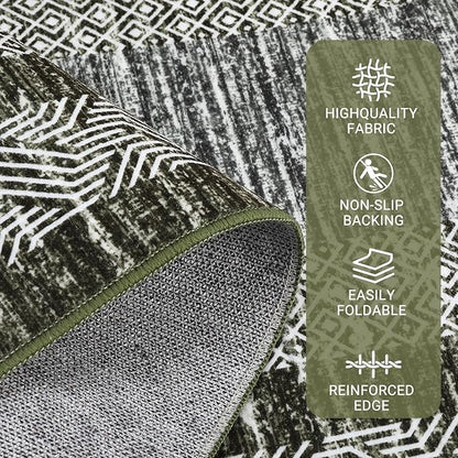 GarveeHome 10x13 Large Washable Geometric Area Rug Non Slip Non Shedding Floor Carpet, Modern Bordered Distressed Green Indoor Printed Rug for Living Room, Bedroom, Office