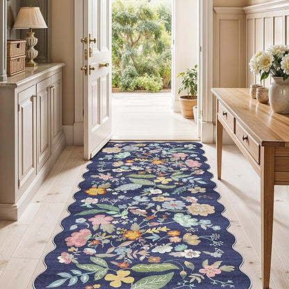 2x5 Washable Hallway Runner Rug: Stain Resistant Floral Scalloped Kitchen Rug Farmhouse Soft Carpet for Bathroom Bedroom Laudry Entryway Floor Mat with Non Slip Backing Cute Home Decor(2x5,Purple)