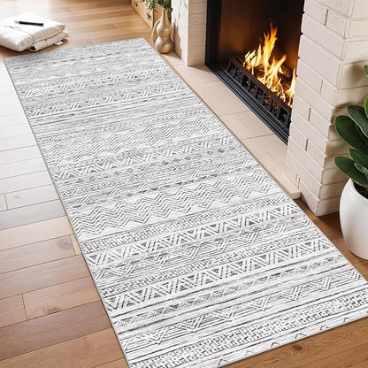 2x6 Washable Hallway Runner Rug - Moroccan Non-Slip Indoor Table Long Runners for Entryway Soft Low Pile Neutral Rugs for Kitchen Waterproof Geometric Carpet for Bedroom Bathroom Laundry 2x6 Grey