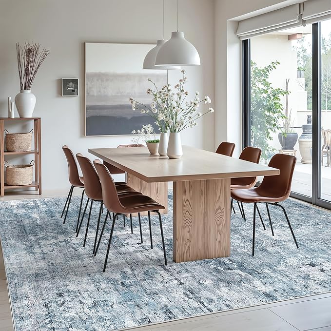 9x12 Area Rugs for Living Room, Abstract Non Slip Machine Washable Vintage Rugs, Low Pile Lightweight Large Rug for Bedroom, Dining Room, Home Office Blue