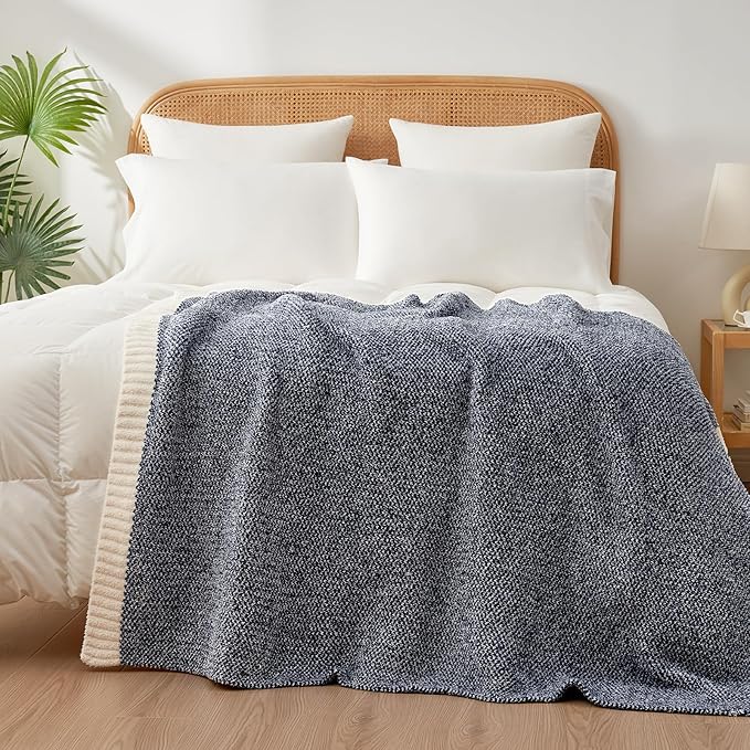 Snuggle Sac Super Soft & Reversible Heather Navy Throw - Oversized Cozy Knit Blanket for Bed, Sofa, Living Room, Twin Size (60x80 Inches)