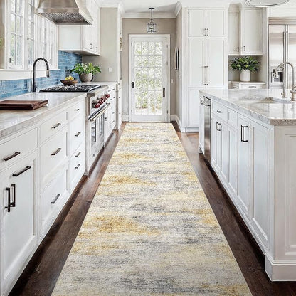 3x18 Washable Kitchen Runner Rug: Modern Abstract Runners for Hallway Soft Non Slip Rugs with Rubber Backing Low Pile Thin Waterproof Floor Carpet for Entryway Bedroom Bathroom Indoor 3x18 Grey/Yellow