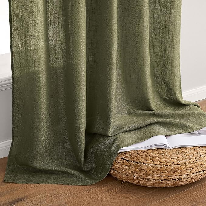 MIULEE Light Olive Green Linen Curtains 84 Inch Length 2 Panels for Bedroom Living Room, Soft Linen Textured Natural Window Drapes Semi Sheer Light Filtering Back Tab Rod Pocket Burlap Look Decor