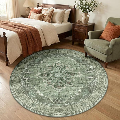 RELEANY Area Rugs 5ft Washable Non-Slip, Floral Vintage Distress Print Pattern Medallion Carpet for Living Room Bedroom Dining Room, Dark Green Gray