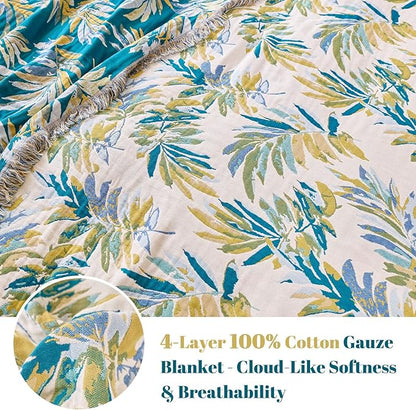 MSGKV Boho Throw Blanket for Couch Cotton Leaves Blanket 50"x60" Throws for Sofa Chair Muslin Spring Breathable Lightweight Farmhouse Blankets Home Decor All Seasons