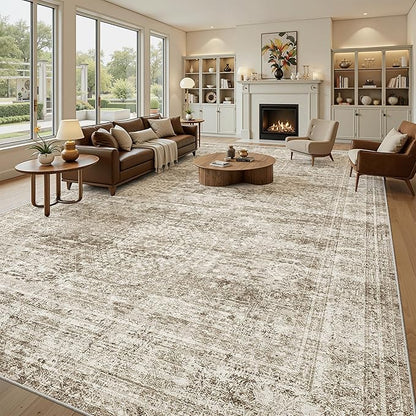 10x14 Area Rugs for Living Room, Non Slip Machine Washable Vintage Rugs, Low Pile Lightweight Large Rug for Bedroom, Dining Room, Home Office Brown