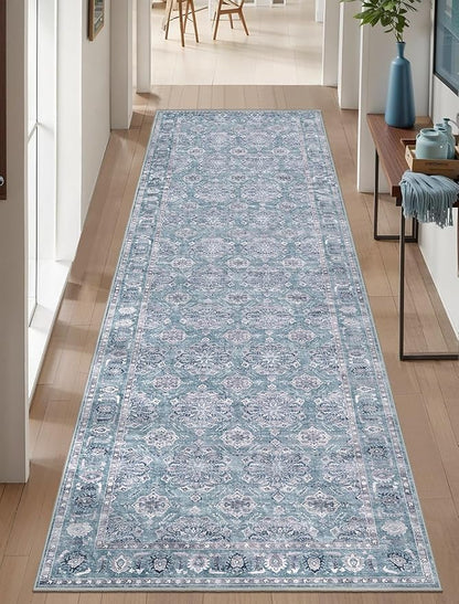 SERISSA Boho Washable Runner Rug, 2'6"x8' Non-Slip Vintage Floral Hallway Kitchen Runner Rug Ultra Soft Print Distressed Blue Grey Floor Carpet for Bedroom Bathroom Laundry Room