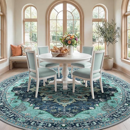 RELEANY Area Rugs 8ft Washable Non-Slip, Floral Vintage Distress Print Pattern Medallion Carpet for Living Room Bedroom Dining Room, Teal Green Lake Blue Turquoise