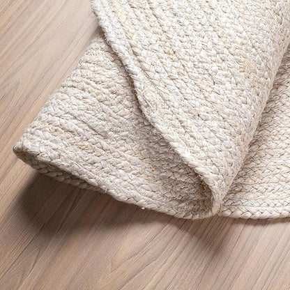 Hausattire Hand Woven Jute Braided Rug, 3’ Round – Off White, Reversible Boho Entry Area Rugs for Kitchen, Living Room I Farmhouse Decorative Floor Rug, 3 Feet Round