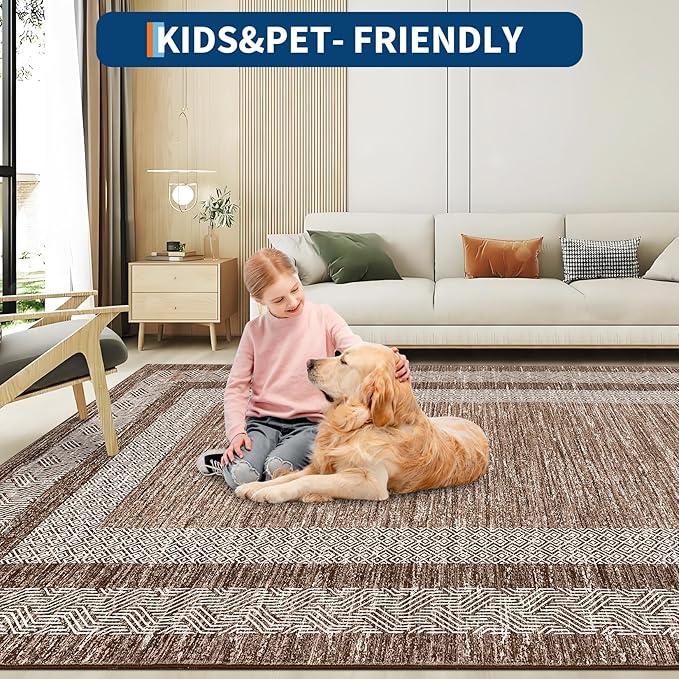 GarveeHome Extra Large Area Rug 10x13 Modern Geometric Rug with Non Slip Rubber Backing, Thin Washable Foldable Carpets, Soft Low Pile Non Shedding Printed Floor Mats for Hotel Office, Brown