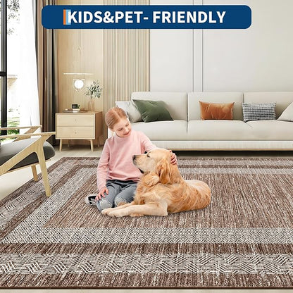 GarveeHome Modern Geometric Rug 4x6 Washable Rug for Living Room, Soft Non Shedding Indoor Carpet with Non Slip TPR Backing, Low Pile Thin Foldable Printed Floor Mats for Dining Room, Brown