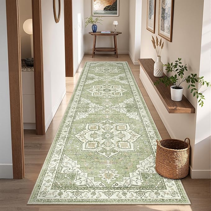 Runner Rug 2x8 Runners for Hallways Non Slip Washable, Vintage Hallway Runner Rugs for Living Room, Low Pile Soft Hallway Rug for Kitchen Bedroom Laundry Room Rug(Light Green,2'x8')