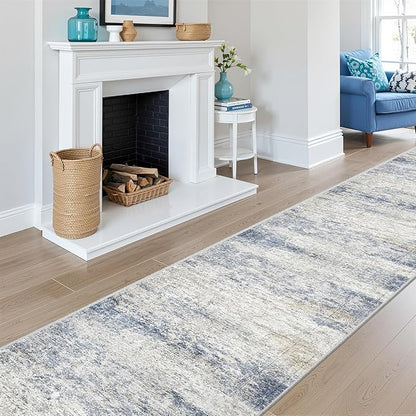 Long Hallway Runner Rug- Carpet Runners for Hallway 12ft, Anti Slip Backing Washable Rug Runner for Entrance, Living Room, Soft Low Pile Modern Rug Runner(2'x12', Blue/Brown/Ivory)