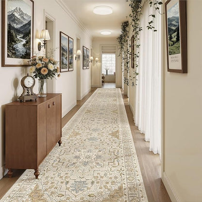 Madane 3x20 Hallway Runner Rug - Extra Long Carpet Runners for Hallways 20ft Non Slip Stain Resistant Rugs Runner for Living Room Bedroom 20 Feet Distressed Floor Carpet for Kitchen, Beige/Blue