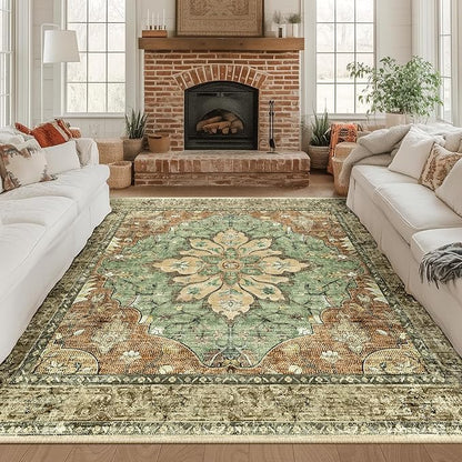 Area Rugs Square 8ft Washable Non-Slip, Floral Vintage Distress Print Pattern Medallion Carpet for Living Room Bedroom Dining Room, Brick Red Rust Neutral Brown Burnt Orange Green