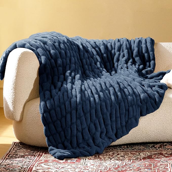 Ultra Soft Cozy Faux Fur Throw Blanket, Fuzzy Plush Thick Bubble Blanket, Oversize Luxury Fluffy Blanket for Couch, Sofa, Bedroom, and Living Room,50x60 Inches,Double Sided Blue